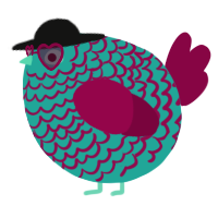 A turquoise and maroon chicken with a lace pattern