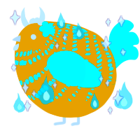 A ochre and aqua chicken with a bar pattern
