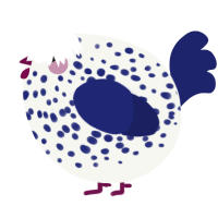 A white and navy chicken with a speckle pattern