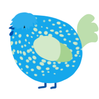 A sky and gluppy chicken with a speckle pattern