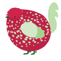 A crimson and gluppy chicken with a speckle pattern