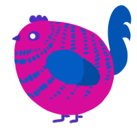 A fuchsia and ultramarine chicken with a bar pattern