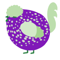 A violet and gluppy chicken with a speckle pattern