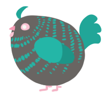 A grey and turquoise chicken with a bar pattern