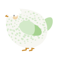 A white and gluppy chicken with a speckle pattern