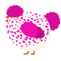 A white and fuchsia chicken with a speckle pattern