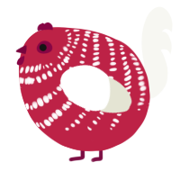 A crimson and white chicken with a bar pattern