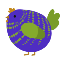 A indigo and chartreuse chicken with a bar pattern