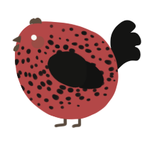 A red and black chicken with a speckle pattern
