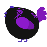 A black and violet chicken with a neck-speckle pattern
