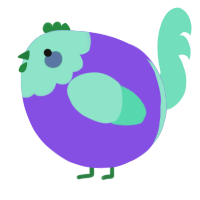 A blurple and mint chicken with a head pattern