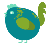 A teal and chartreuse chicken with a neck-speckle pattern