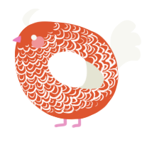 A vermilion and white chicken with a double-lace pattern