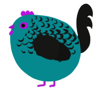 A teal and black chicken with a half-lace pattern