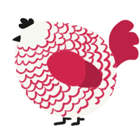 A white and crimson chicken with a lace pattern