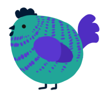 A turquoise and indigo chicken with a bar pattern