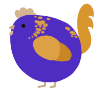 A indigo and orange chicken with a neck-speckle pattern