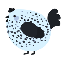 A white and sable chicken with a speckle pattern