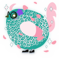 A turquoise and rose chicken with a double-lace pattern