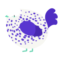 A white and indigo chicken with a speckle pattern