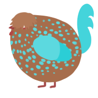 A brown and aqua chicken with a speckle pattern
