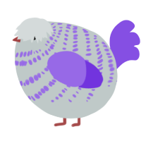 A silver and blurple chicken with a bar pattern