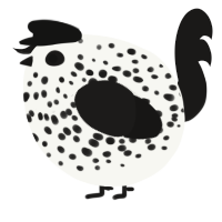 A white and sable chicken with a speckle pattern