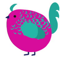 A fuchsia and turquoise chicken with a half-lace pattern