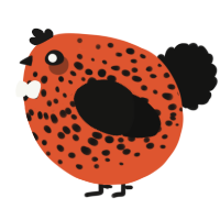 A vermilion and black chicken with a speckle pattern