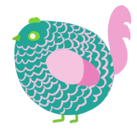 A turquoise and pink chicken with a lace pattern