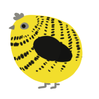 A yellow and black chicken with a bar pattern