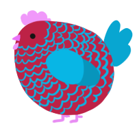 A crimson and cerulean chicken with a lace pattern