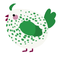 A white and viridian chicken with a speckle pattern