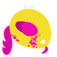 A yellow and fuchsia chicken with a neck-speckle pattern