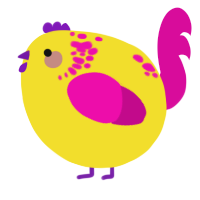 A yellow and fuchsia chicken with a neck-speckle pattern