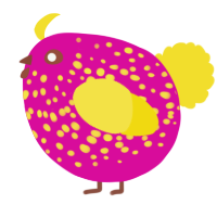 A fuchsia and yellow chicken with a speckle pattern