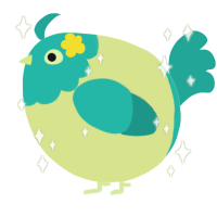 A lemon and turquoise chicken with a head pattern