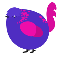 A indigo and fuchsia chicken with a neck-speckle pattern