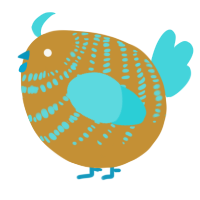 A gold and aqua chicken with a bar pattern