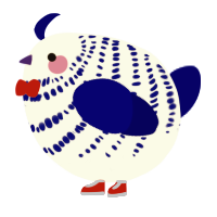A white and navy chicken with a bar pattern