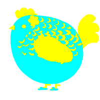 A aqua and yellow chicken with a half-lace pattern
