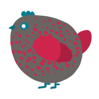 A grey and crimson chicken with a speckle pattern