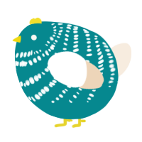 A teal and cream chicken with a bar pattern