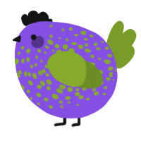 A blurple and chartreuse chicken with a speckle pattern