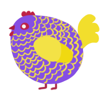 A blurple and yellow chicken with a lace pattern