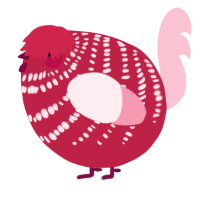 A crimson and rose chicken with a bar pattern