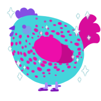 A aqua and fuchsia chicken with a speckle pattern