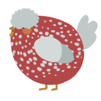 A red and silver chicken with a speckle pattern