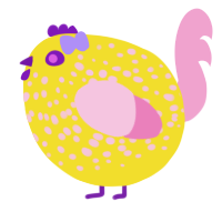 A yellow and pink chicken with a speckle pattern