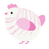 A white and pink chicken with a bar pattern